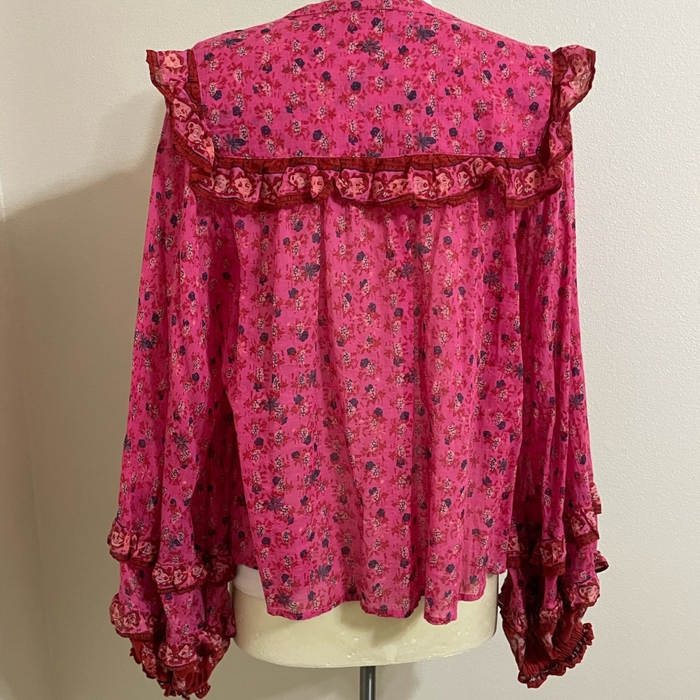FREE PEOPLE Jenna Floral Ruffle Blouse Raspberry Red Flowy Feminine Size Small - Picture 8 of 15
